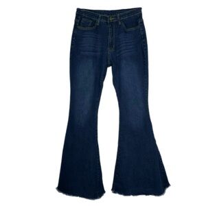 Women’s Dark Wash High Rise Frayed Raw Edge Flared Stretch  Jeans